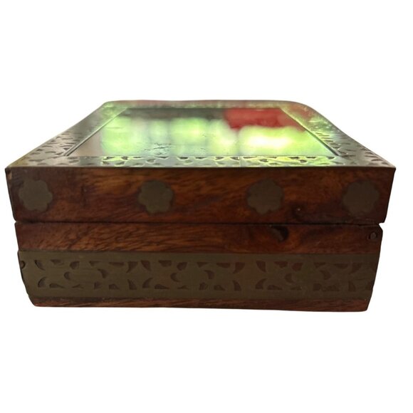 Handcrafted Wooden Jewelry/Trinket Box Glass Gemstone Painting & Brass Border - Picture 6 of 9